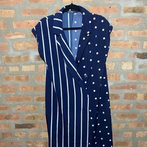 Color block white and blue polka dot and striped collared dress. MIDI length